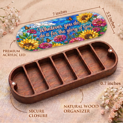 Sunflower and monarch Pillcase dimensions, acrylic lid, secure closure and natural wood organizer