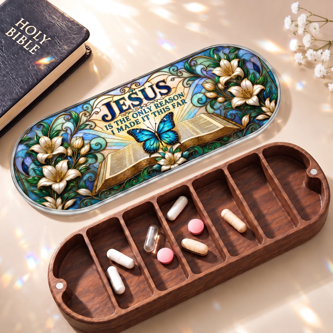 Jesus Is the Only Reason Pillcase with Holy Bible and daily tablets