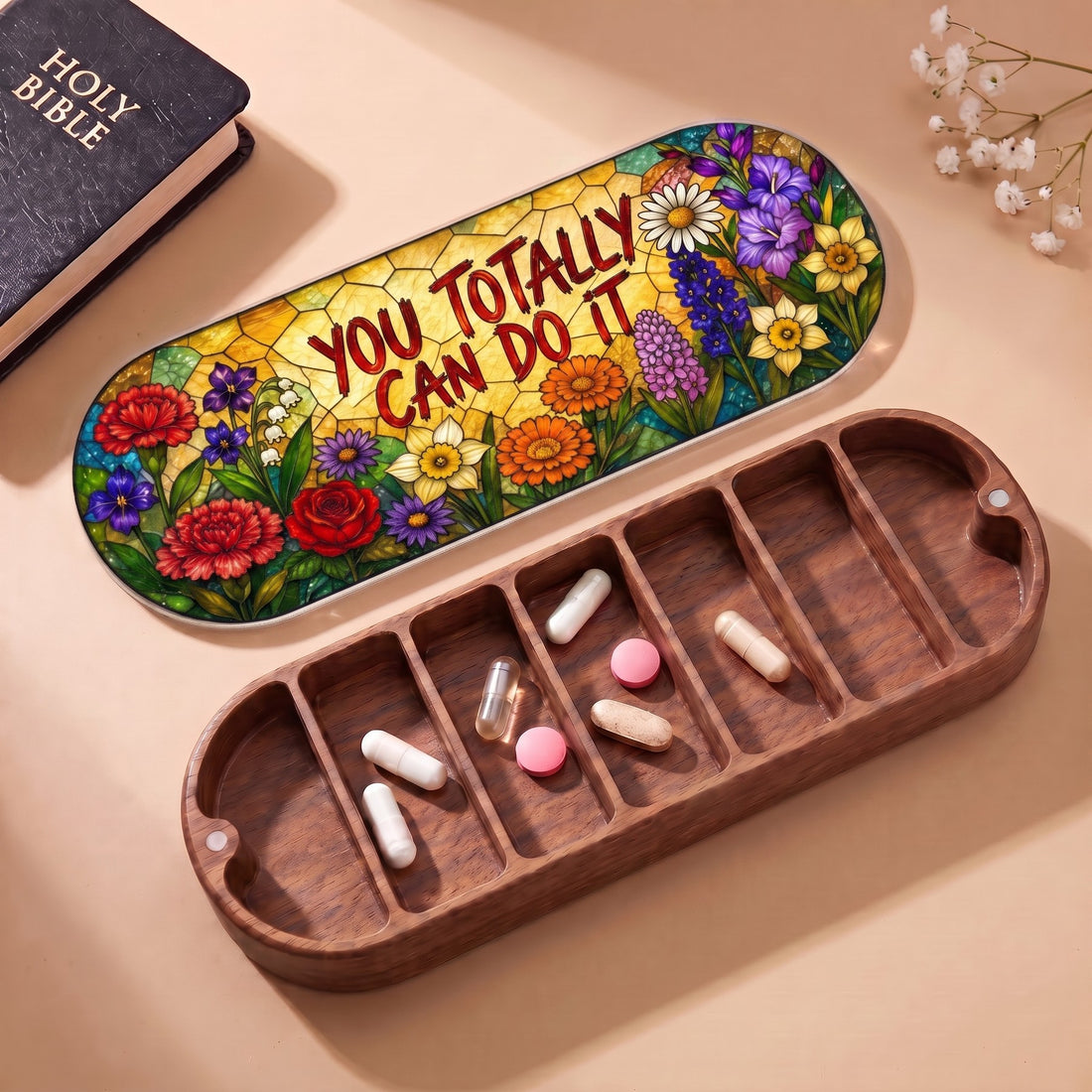 You Totally Can Do It Pillcase with Holy Bible and daily tablets
