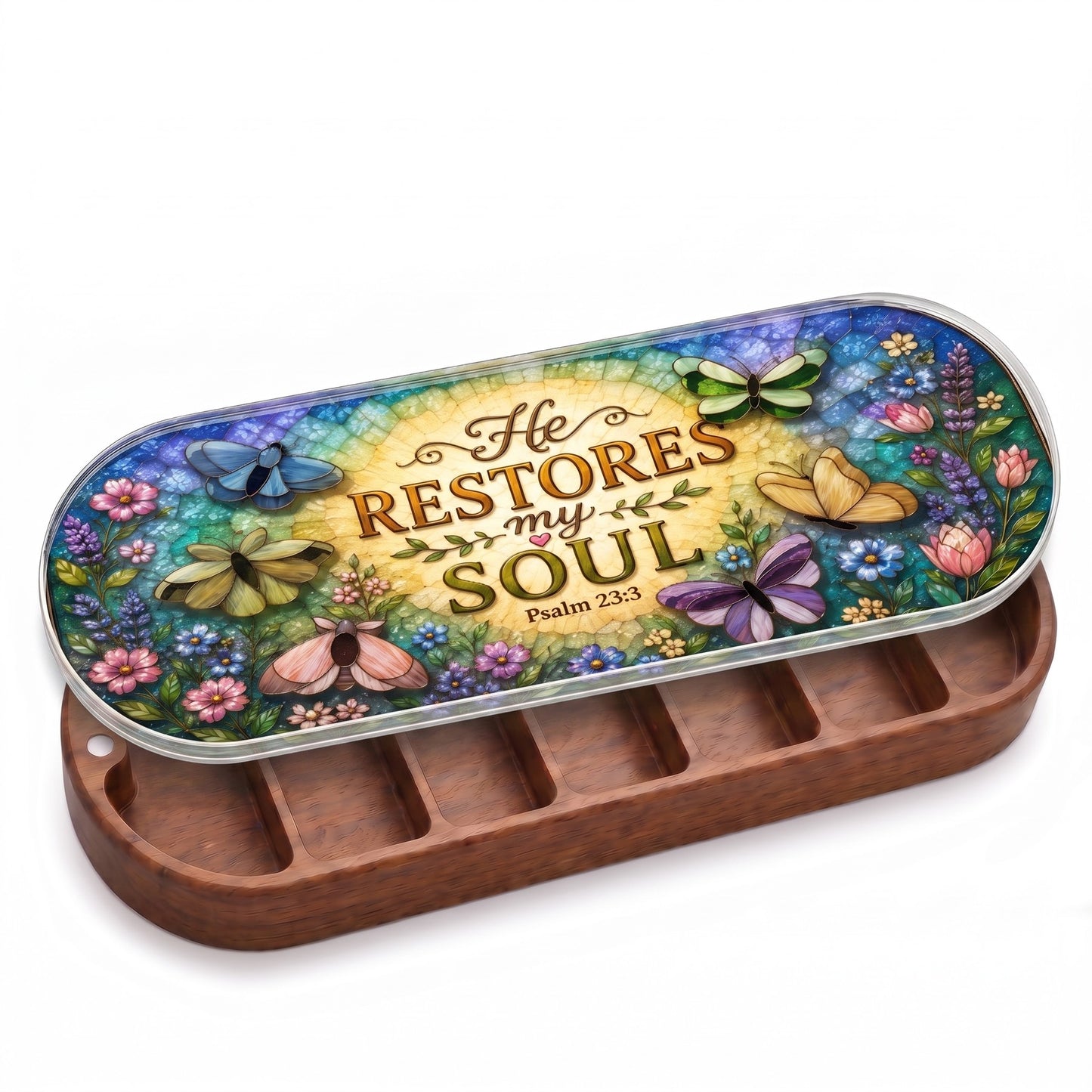 Open wooden Pillcase with He Restores My Soul butterfly stained-glass lid on white