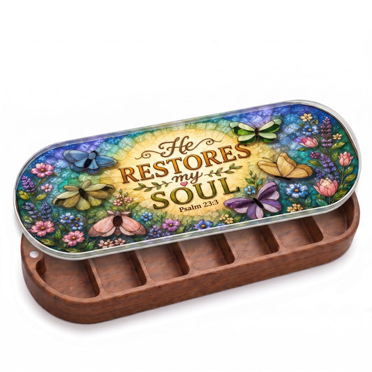 Open wooden Pillcase with He Restores My Soul butterfly stained-glass lid on white