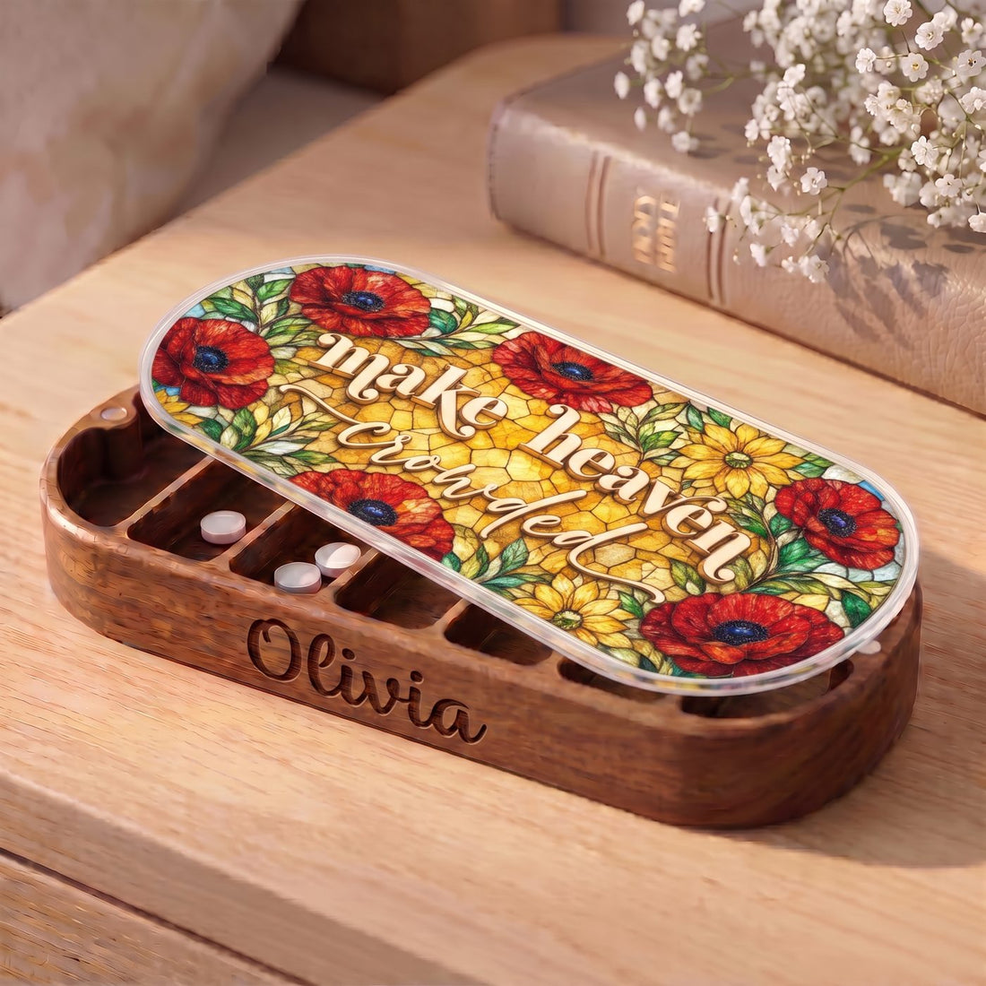 "Make Heaven Crowded — Poppy Floral Stained Glass" Pill Case — personalized open Make Heaven Crowded Pill Case on a wooden table