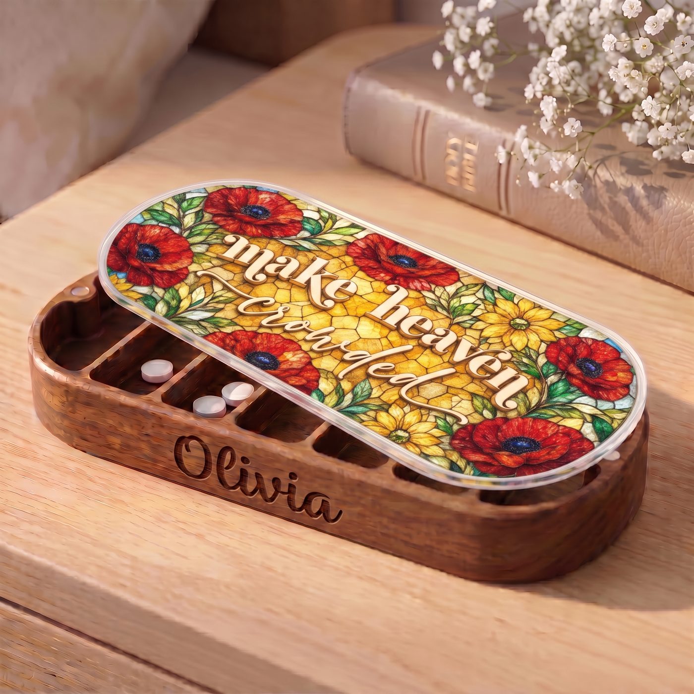 "Make Heaven Crowded — Poppy Floral Stained Glass" Pill Case — personalized open Make Heaven Crowded Pill Case on a wooden table
