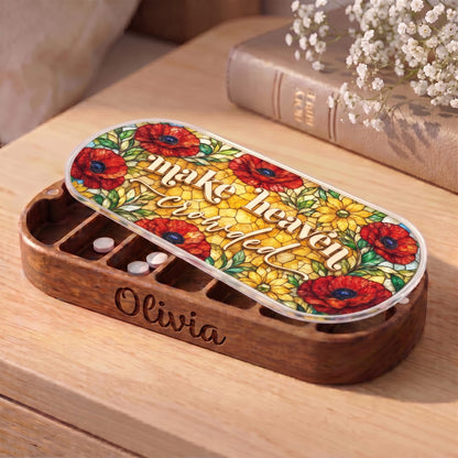 "Make Heaven Crowded — Poppy Floral Stained Glass" Pill Case — personalized open Make Heaven Crowded Pill Case on a wooden table