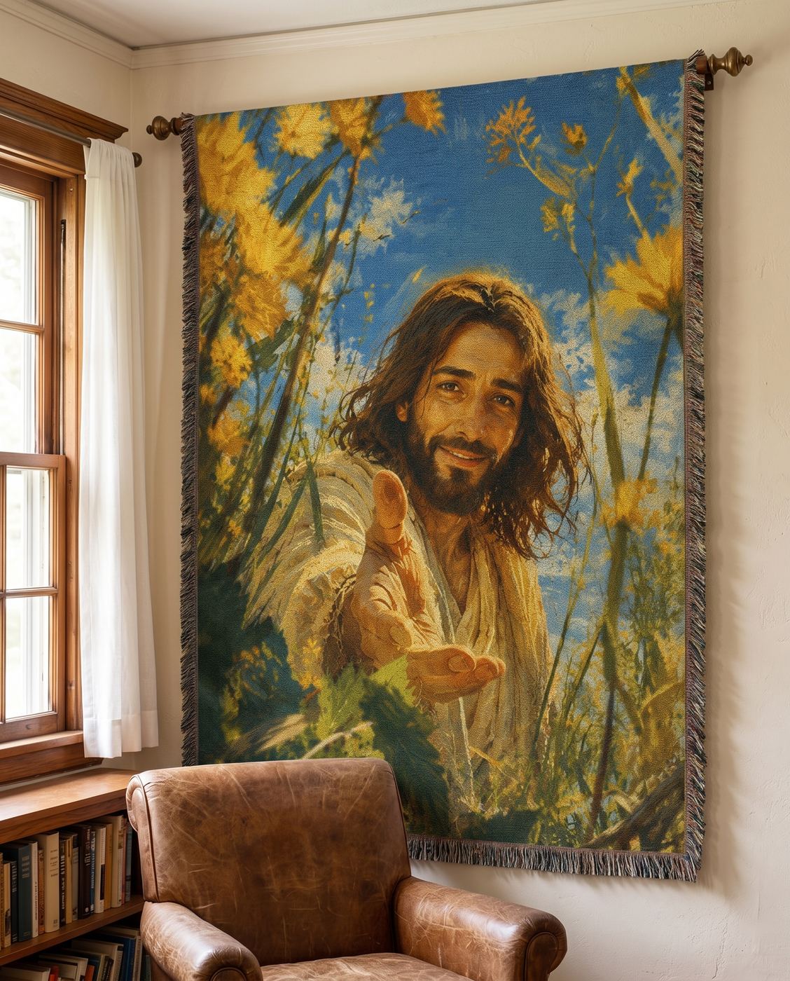 Reach for Me - Jesus in the Golden Meadow Woven Blanket