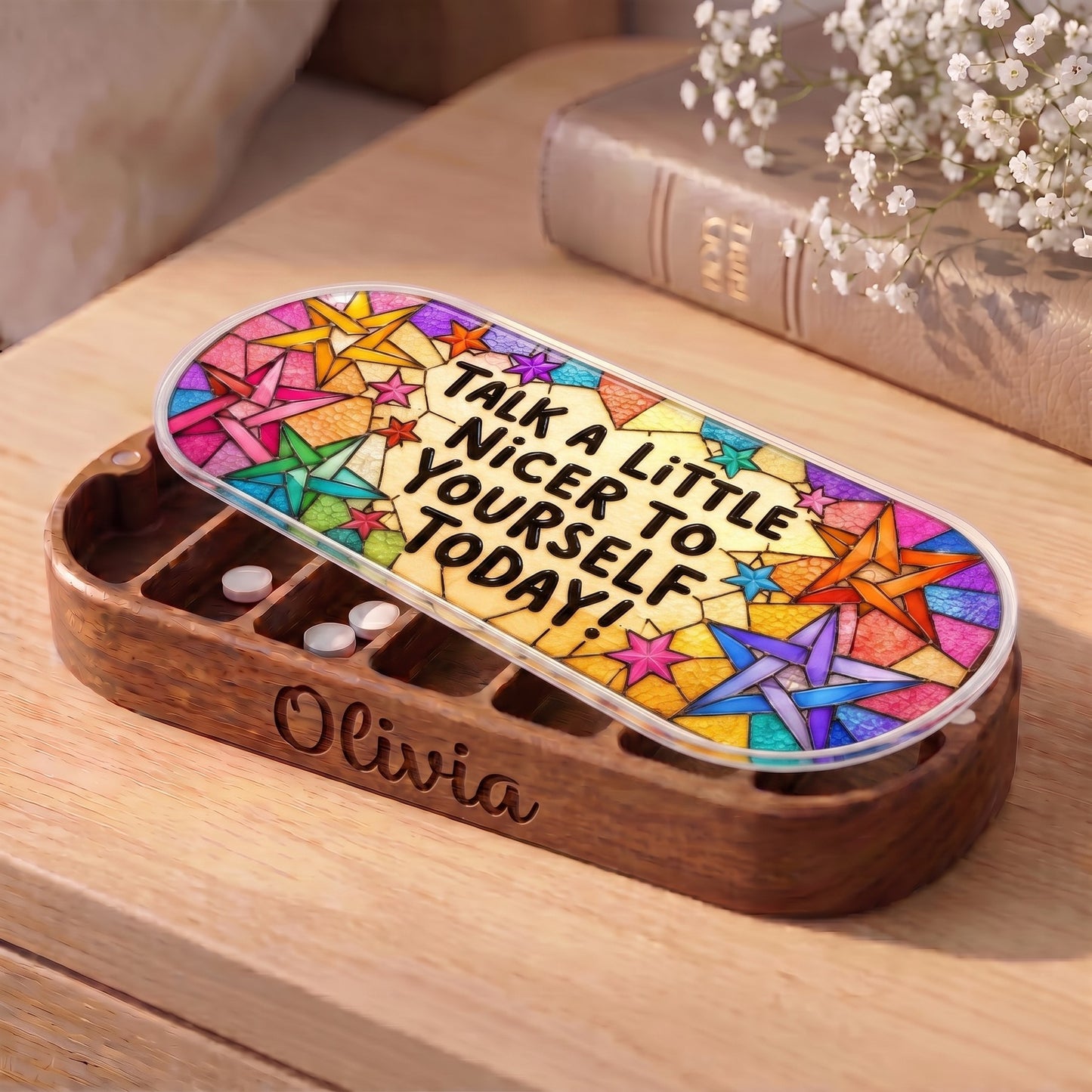 Personalized Olivia Pillcase with colorful stars and Talk a Little Nicer to Yourself Today lid