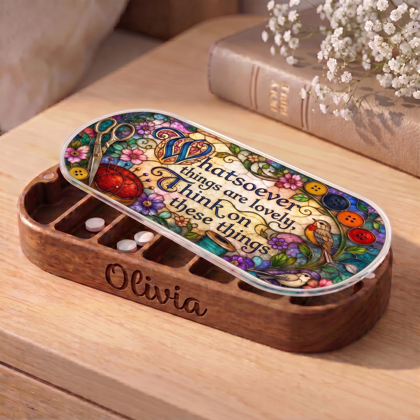 Personalized Olivia Pillcase with sewing notions, flowers, songbirds and Whatsoever Things Are Lovely lid