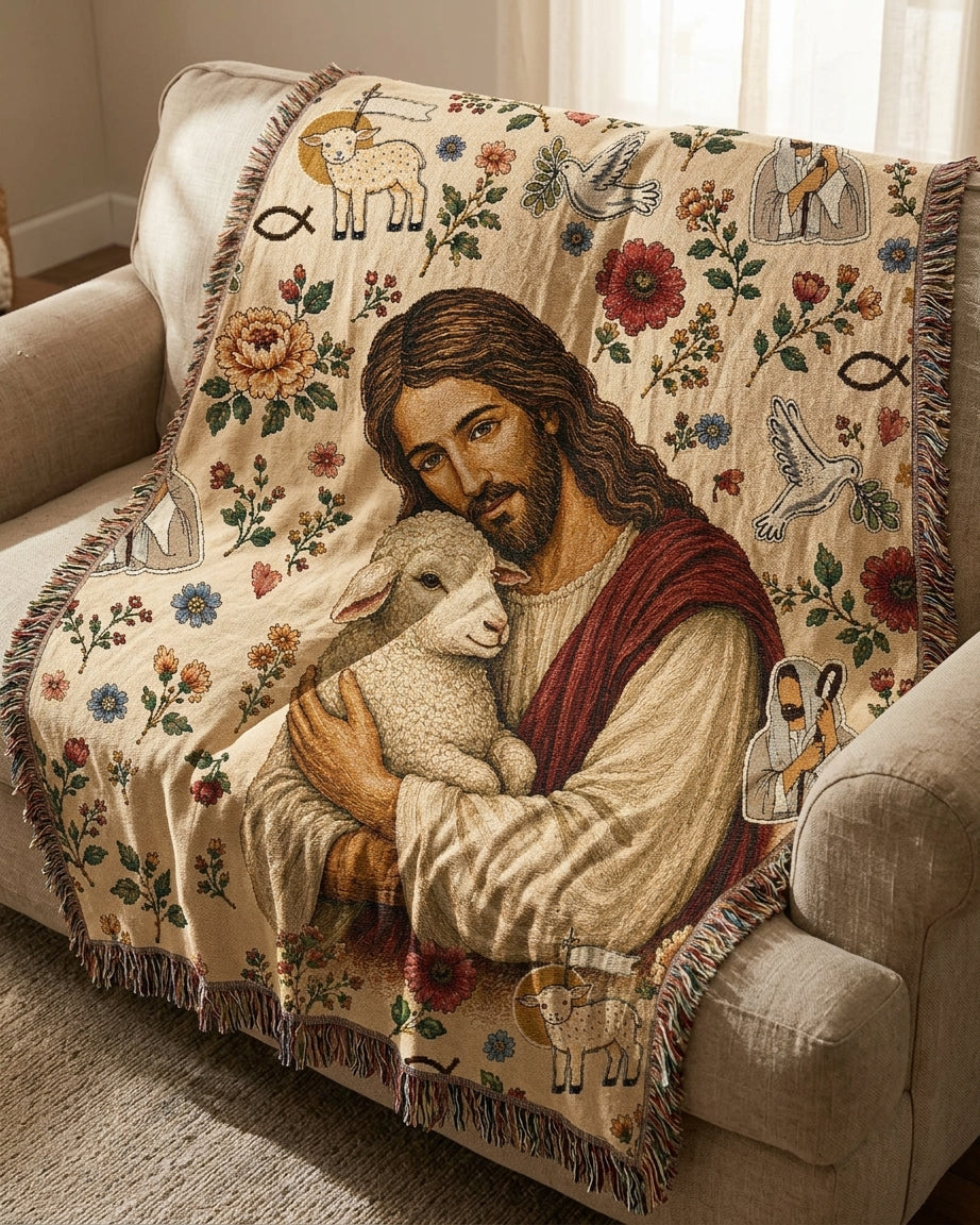 Held Close by the Good Shepherd Woven Blanket