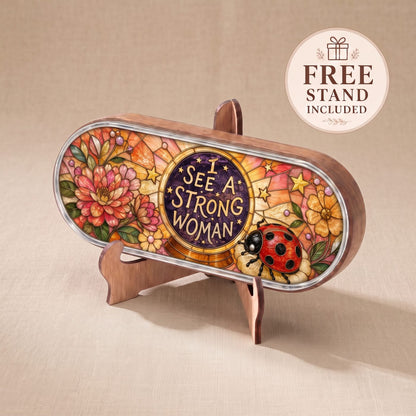 "I See a Strong Woman — Ladybug & Floral Stained Glass" Pill Case — I See a Strong Woman plaque displayed on the included wooden stand