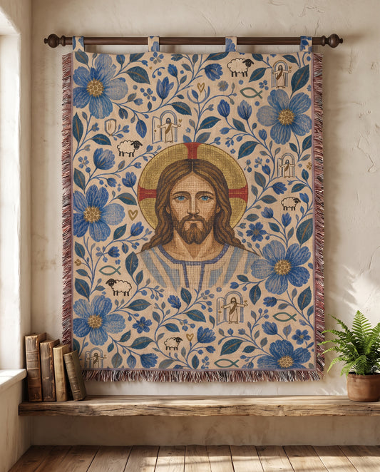 Wall tapestry styling - Good Shepherd in Blue Garden Woven Blanket