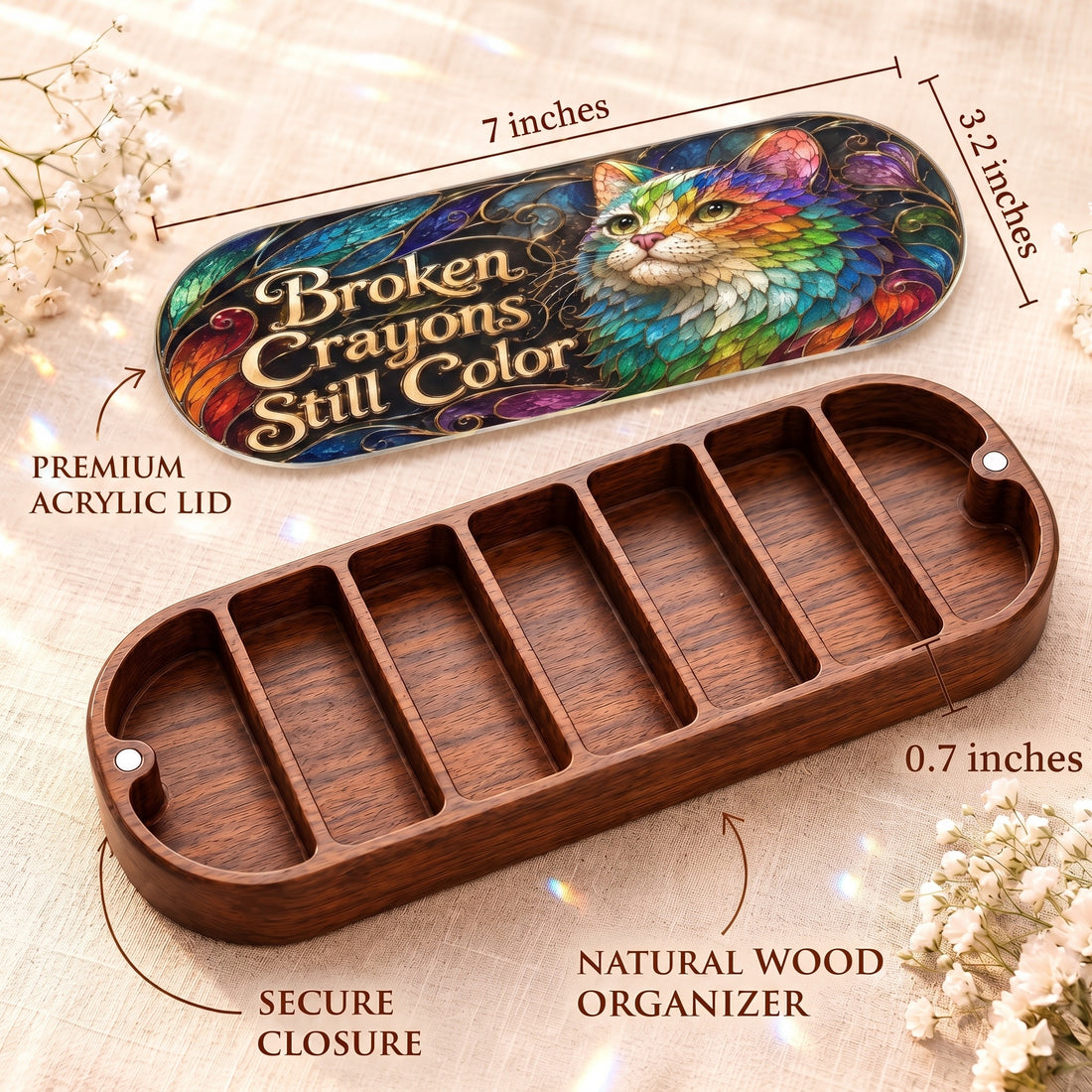Broken Crayons Still Color rainbow cat Pillcase dimensions with premium acrylic lid, secure closure and natural wood organizer