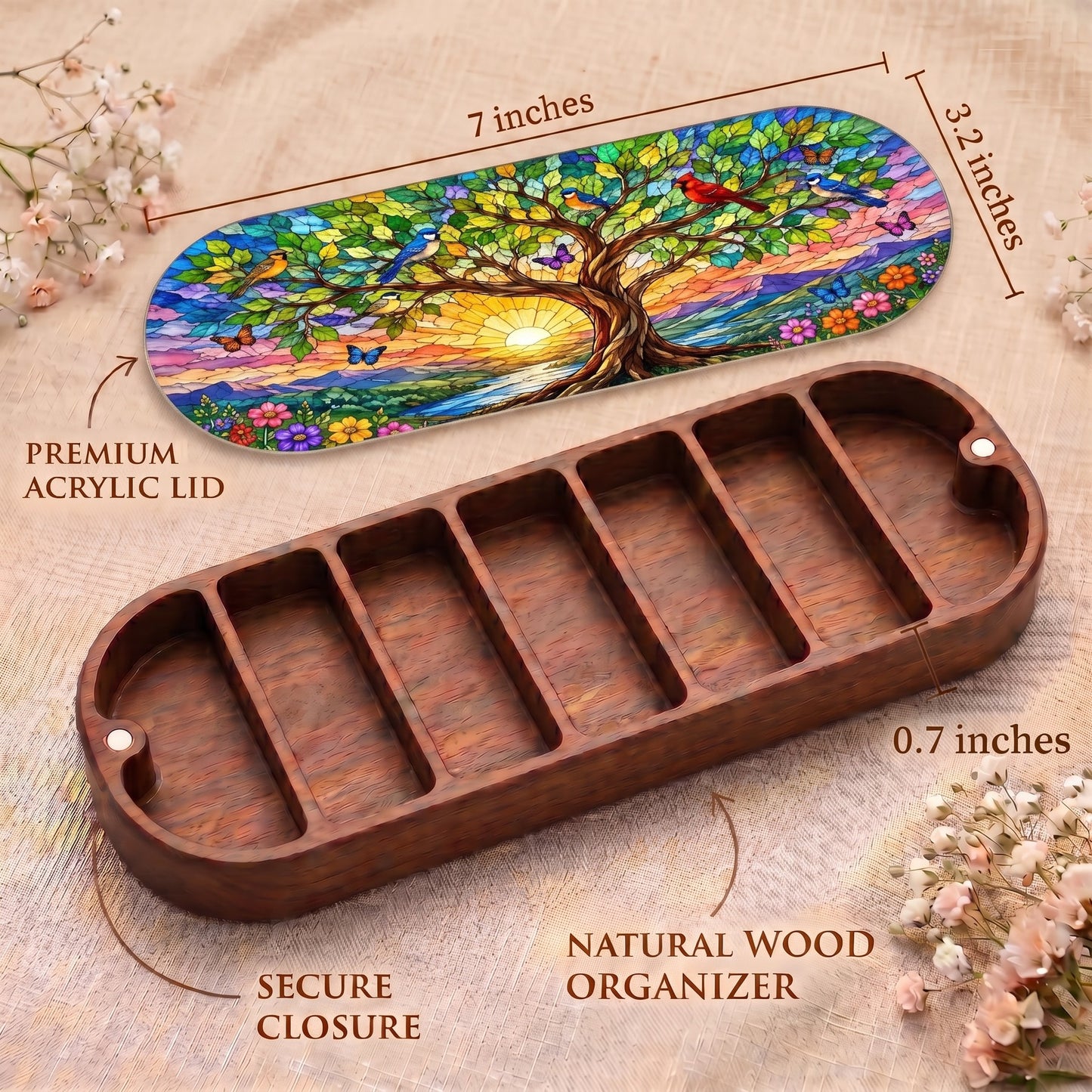 Tree of Life at Sunrise Pillcase dimensions with songbird-and-butterfly acrylic lid, secure closure and natural wood organizer