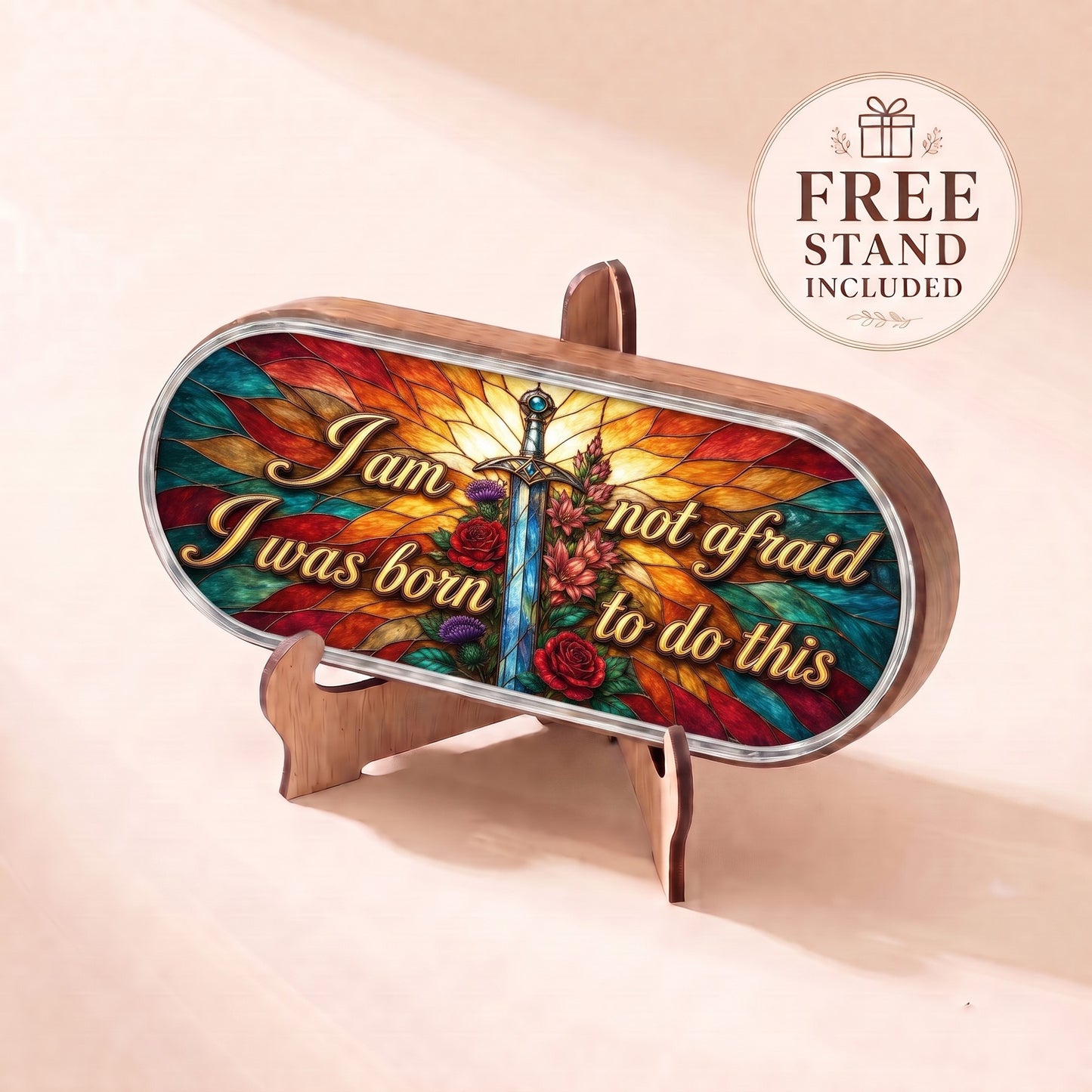I Am Not Afraid, I Was Born to Do This Pillcase displayed on included wooden stand