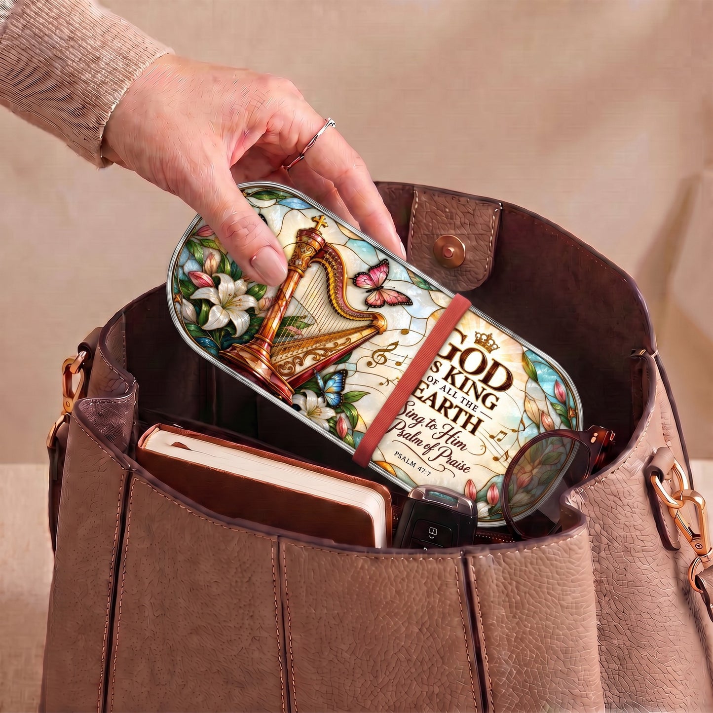 Psalm 47:7 harp and butterfly Pillcase carried inside a handbag with everyday essentials