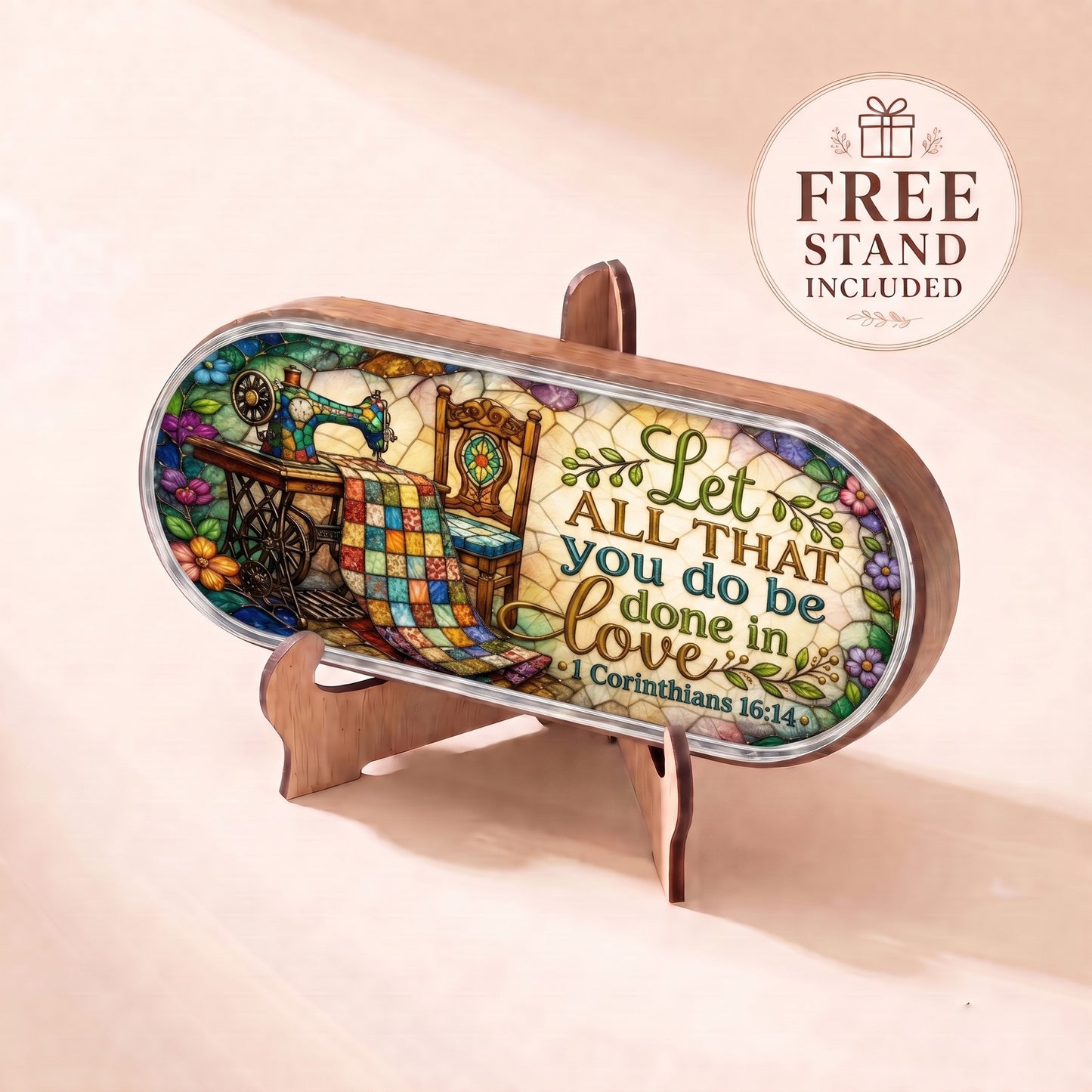Let All That You Do Be Done in Love sewing and quilting Pillcase displayed on included wooden stand