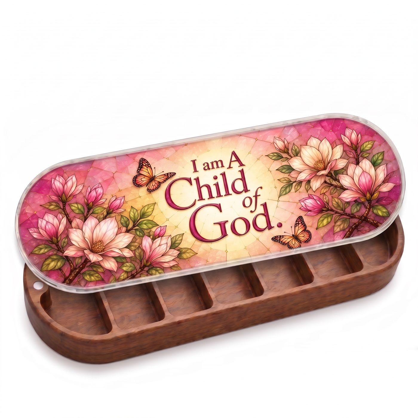 "I Am a Child of God — Magnolia & Butterfly Stained Glass" Pill Case dimensions and features
