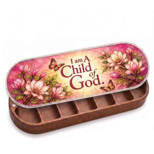 "I Am a Child of God — Magnolia & Butterfly Stained Glass" Pill Case dimensions and features