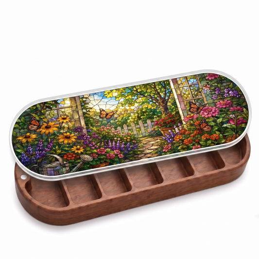 Open wooden Garden Path in Bloom Pillcase with butterflies and watering-can stained-glass-style lid on white