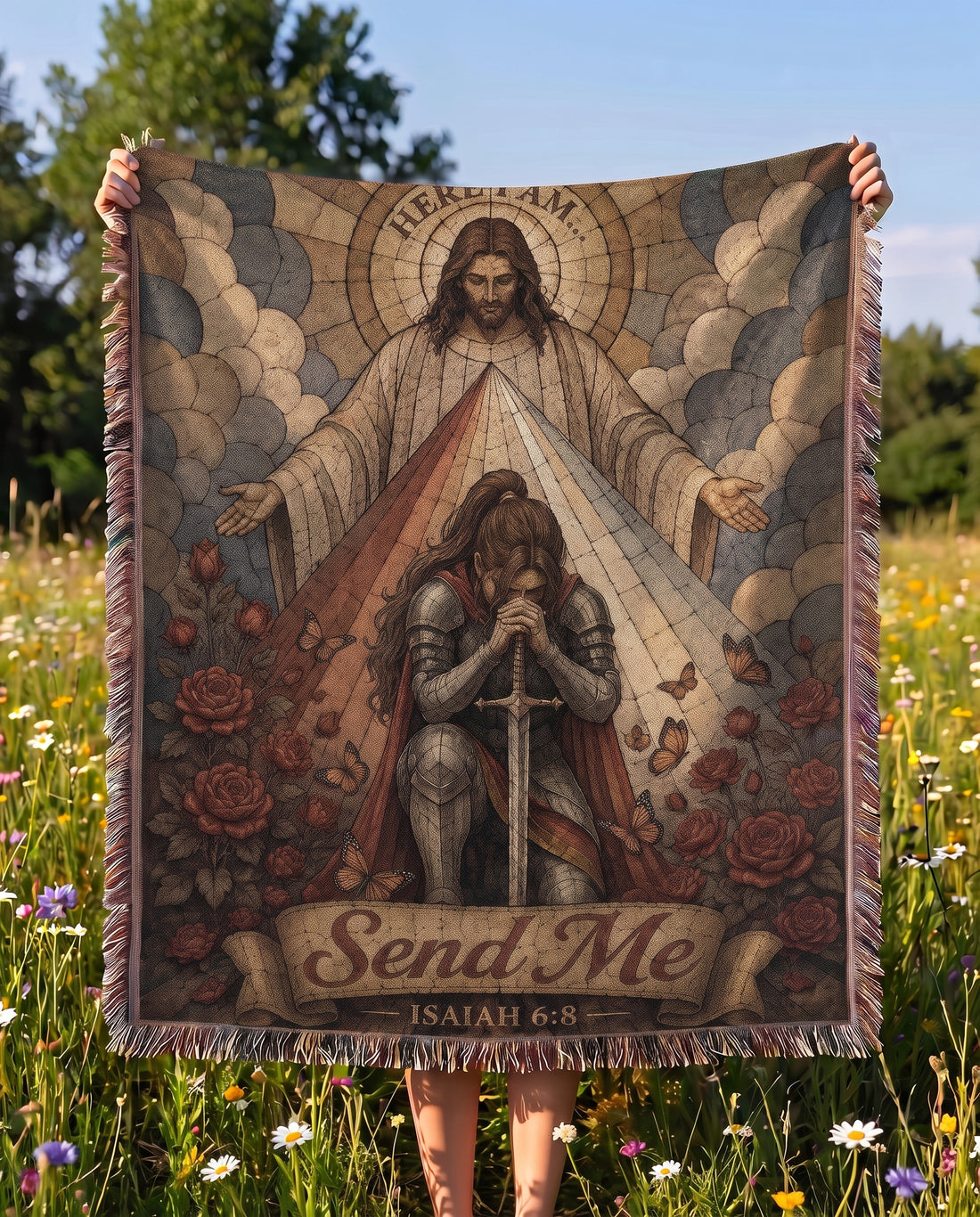 Here I Am Send Me Isaiah 6:8 woven blanket held outdoors showing full artwork