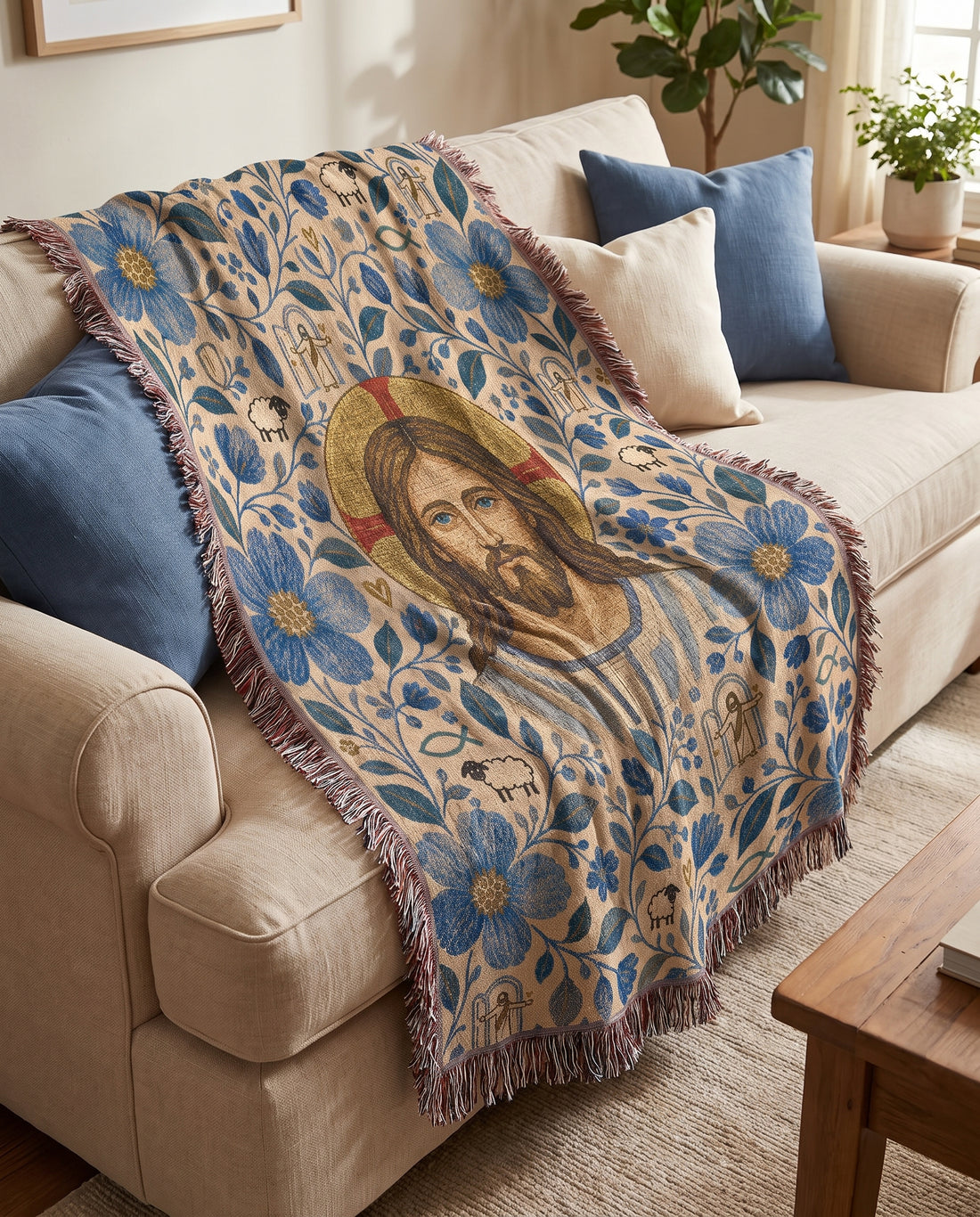 Sofa styling - Good Shepherd in Blue Garden Woven Blanket