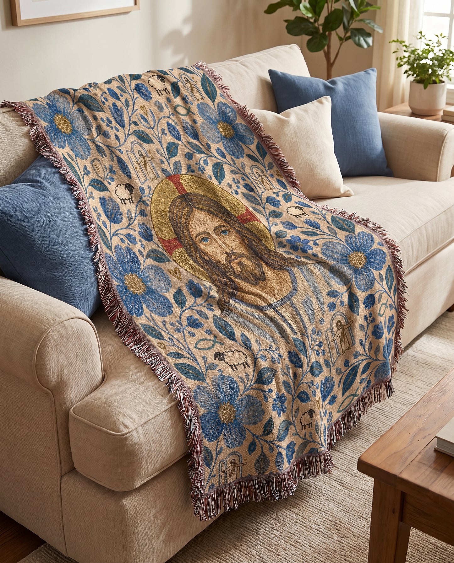 Sofa styling - Good Shepherd in Blue Garden Woven Blanket