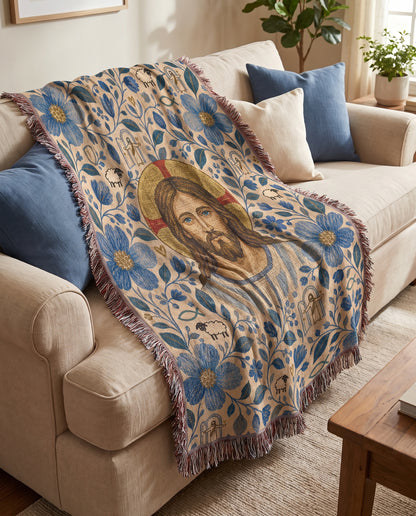 Sofa styling - Good Shepherd in Blue Garden Woven Blanket