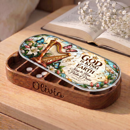 Personalized Pillcase with Psalm 47:7 harp, lilies and butterfly stained-glass artwork beside an open book
