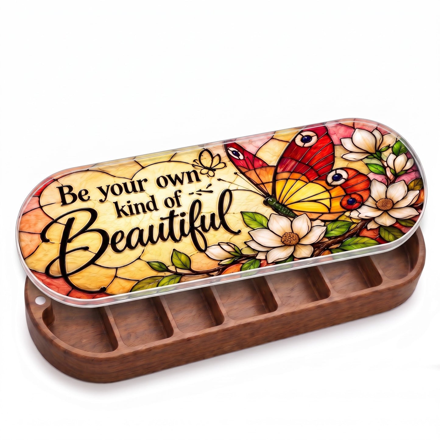 Open wooden Be Your Own Kind of Beautiful Pillcase with red-orange butterfly and white magnolia stained-glass lid on white