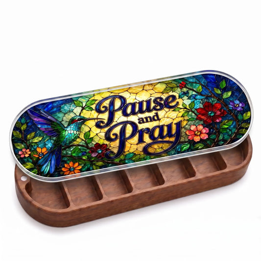 Open wooden Pause and Pray Pillcase with hummingbird-and-flowers stained-glass-style lid on white