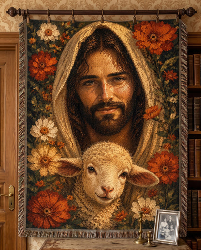 Good Shepherd Lamb and Autumn Florals Woven Blanket
