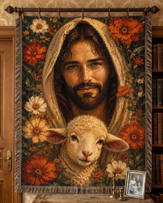 Good Shepherd Lamb and Autumn Florals Woven Blanket