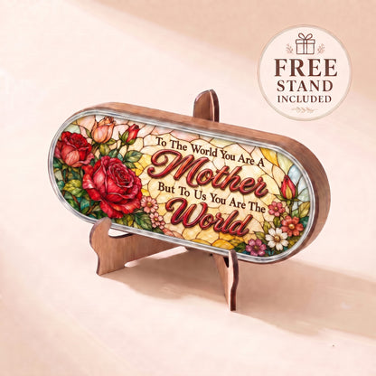 To the World You Are a Mother floral Pillcase displayed on included wooden stand
