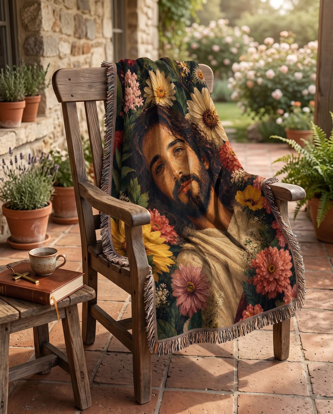 Jesus in the Garden of Grace Floral Woven Blanket