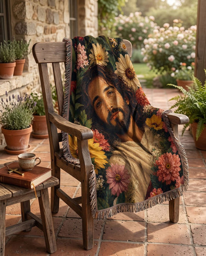 Jesus in the Garden of Grace Floral Woven Blanket