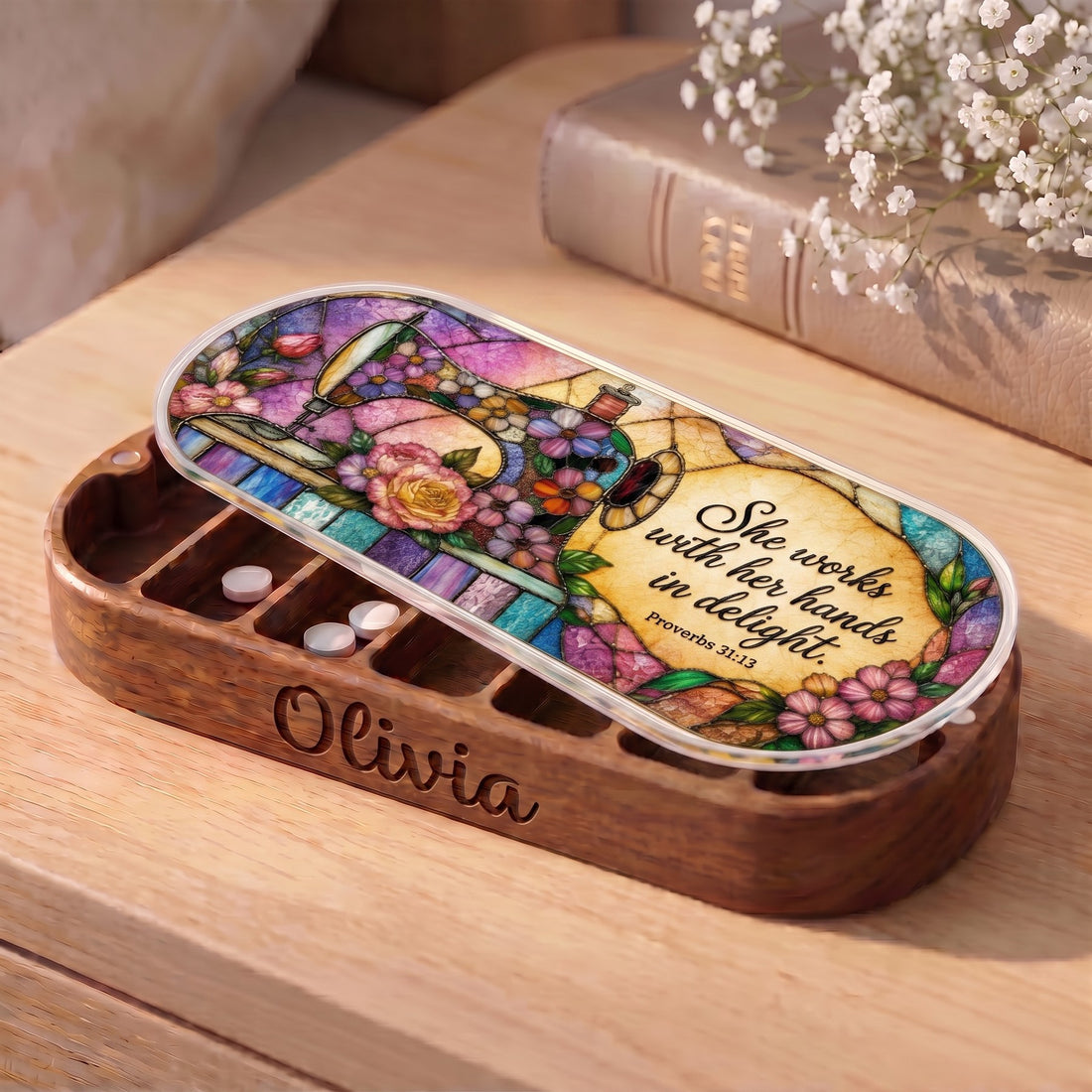 Personalized Olivia Pillcase with vintage sewing machine, flowers and Proverbs 31:13 lid