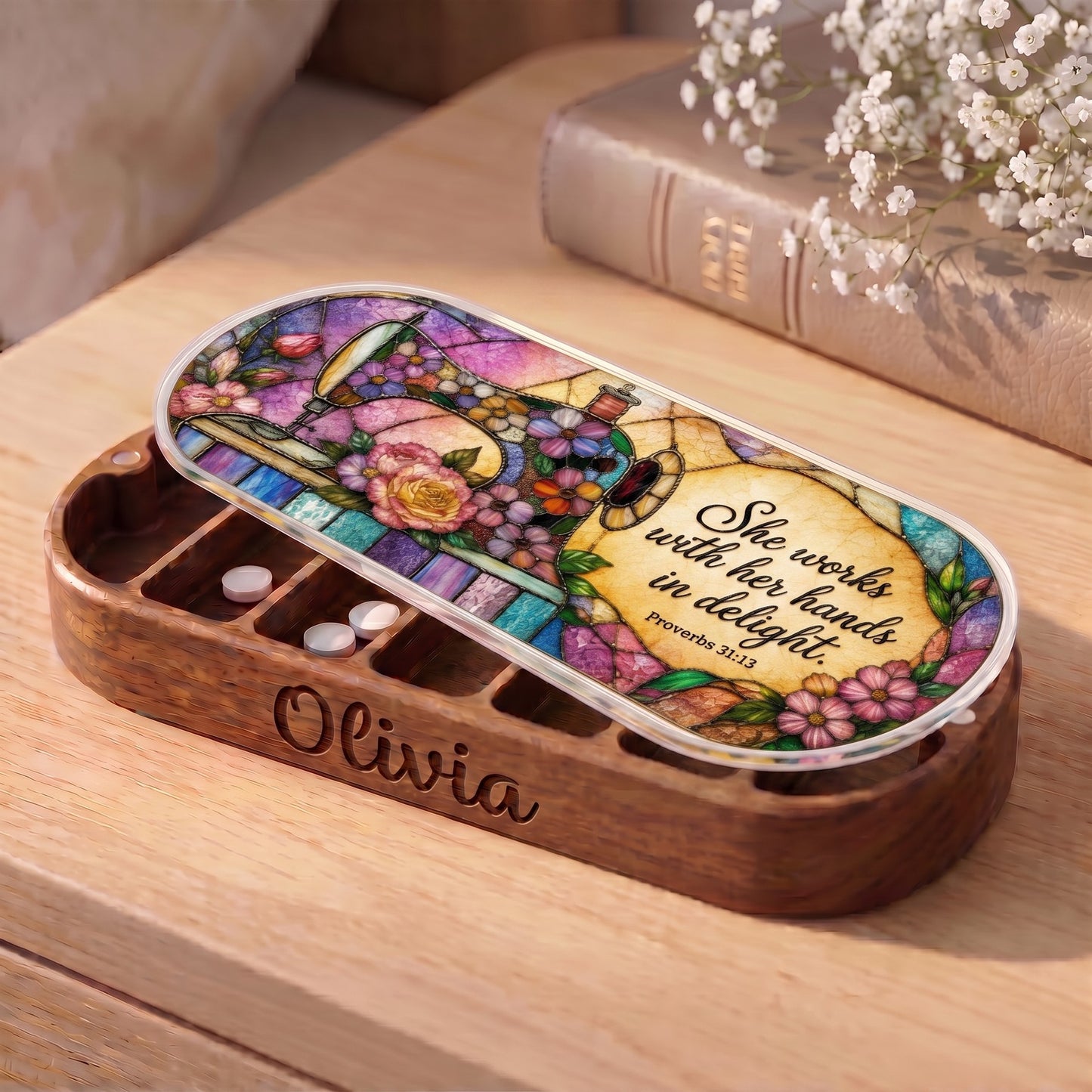 Personalized Olivia Pillcase with vintage sewing machine, flowers and Proverbs 31:13 lid