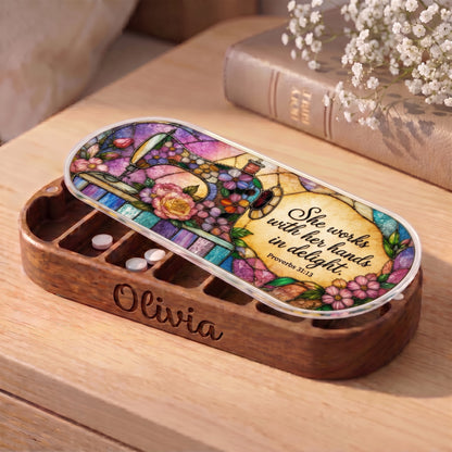Personalized Olivia Pillcase with vintage sewing machine, flowers and Proverbs 31:13 lid