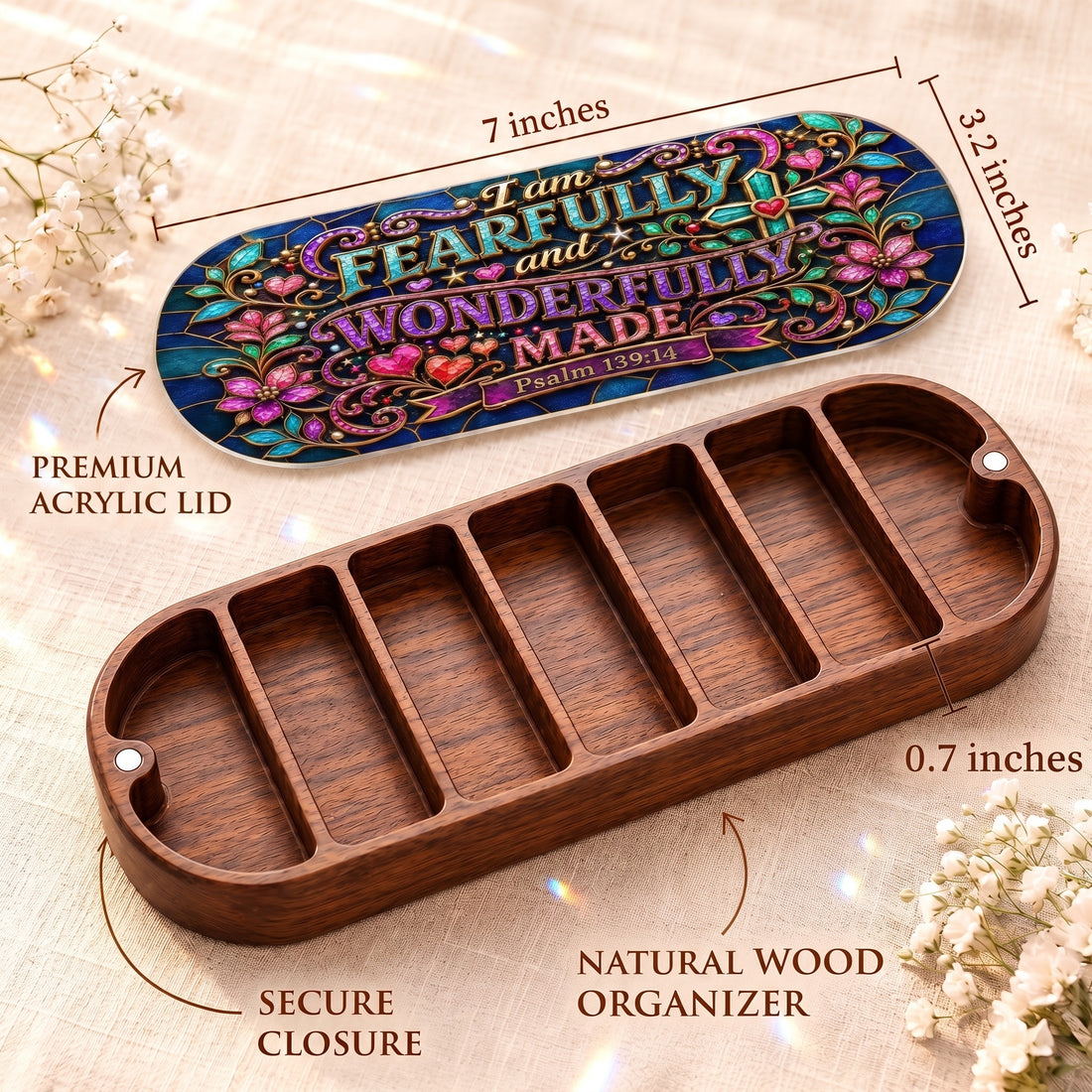 I Am Fearfully and Wonderfully Made Psalm 139:14 Pillcase dimensions with premium acrylic lid, secure closure and natural wood organizer