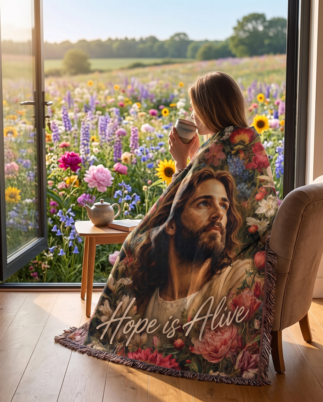 Hope Is Alive Floral Jesus Woven Blanket gallery image 8