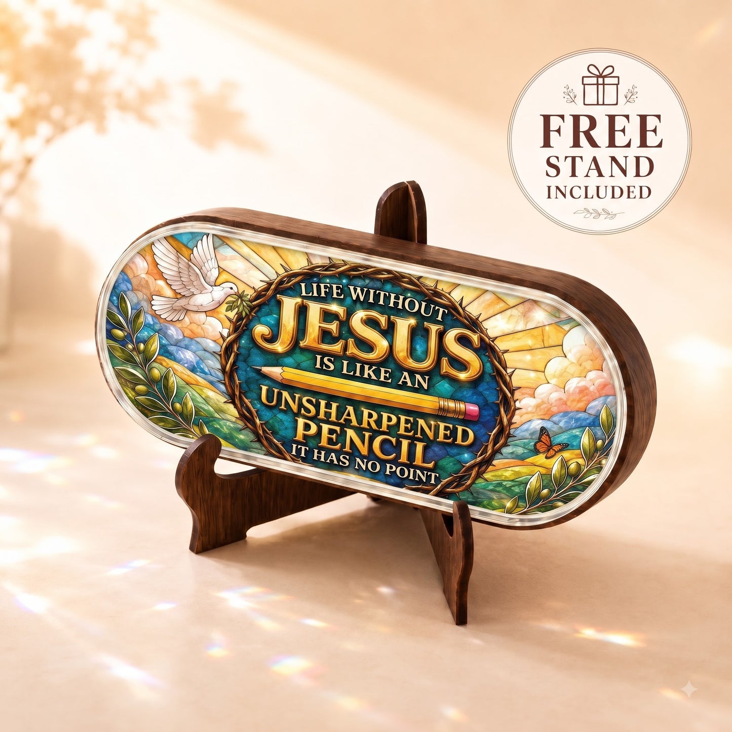 Life Without Jesus unsharpened pencil stained-glass Pillcase displayed on the included wooden stand
