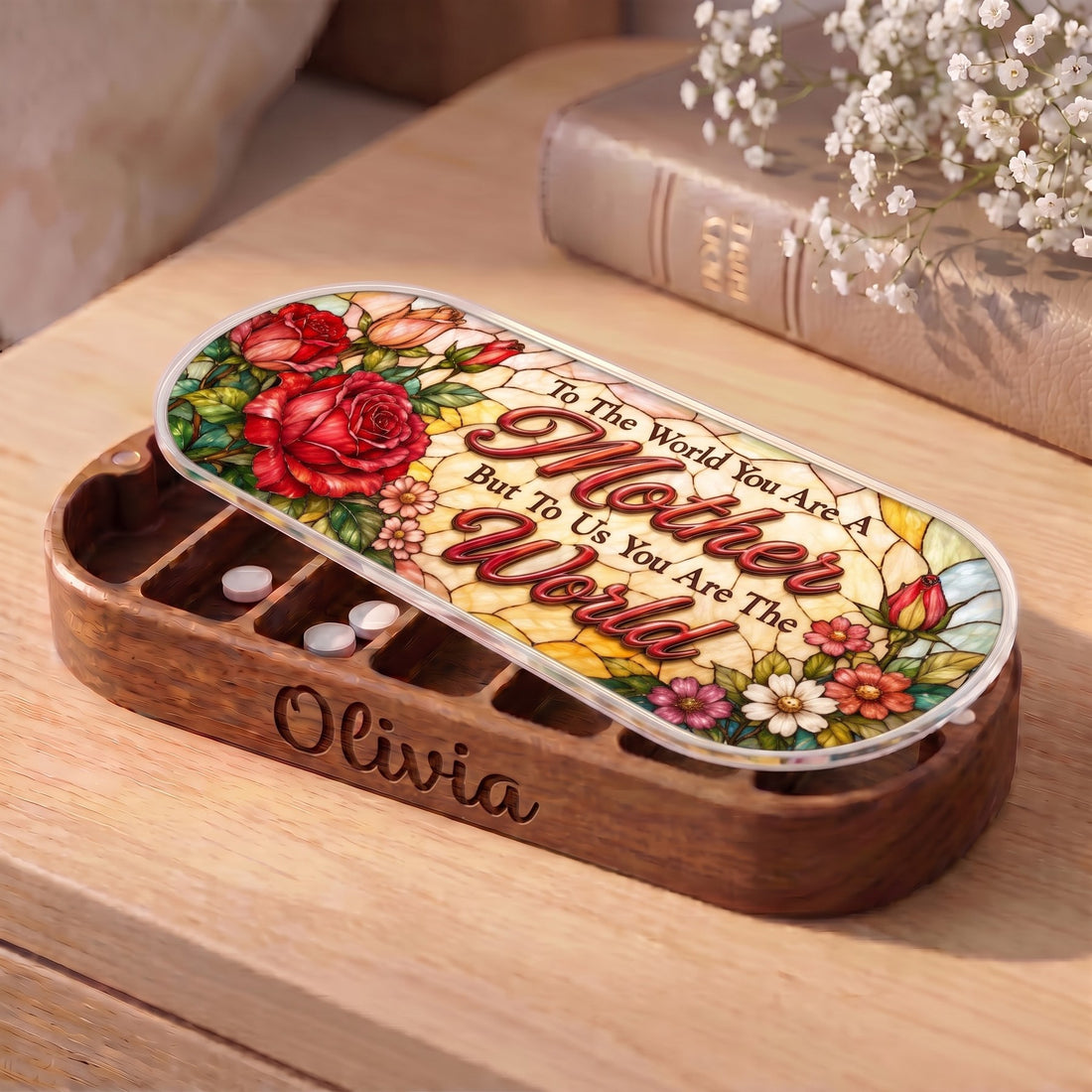 Personalized Olivia Pillcase with red roses and To the World You Are a Mother lid