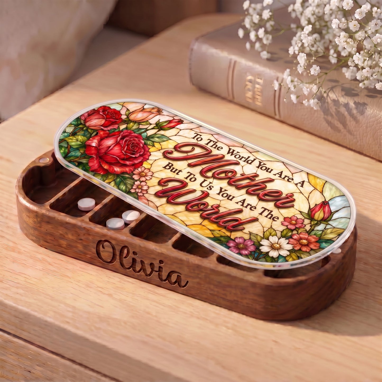 Personalized Olivia Pillcase with red roses and To the World You Are a Mother lid
