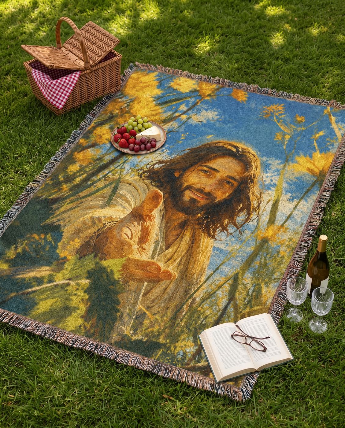 Reach for Me - Jesus in the Golden Meadow Woven Blanket