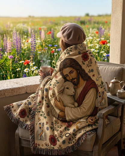 Held Close by the Good Shepherd Woven Blanket