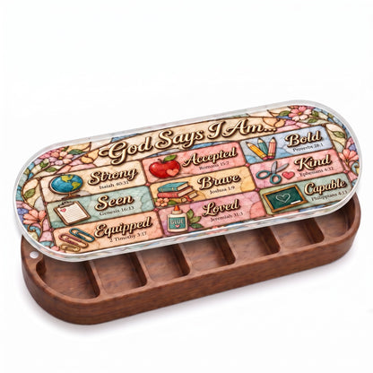 Open wooden God Says I Am Pillcase with pastel classroom-themed stained-glass lid on white