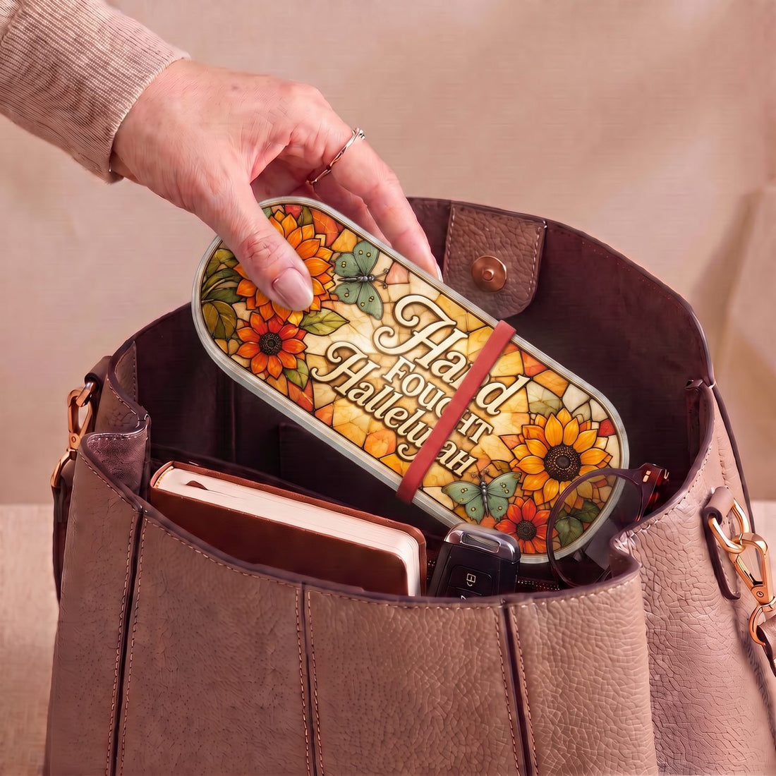 "Hard Fought Hallelujah — Sunflower & Butterfly Stained Glass" Pill Case — Pill Case carried inside a handbag