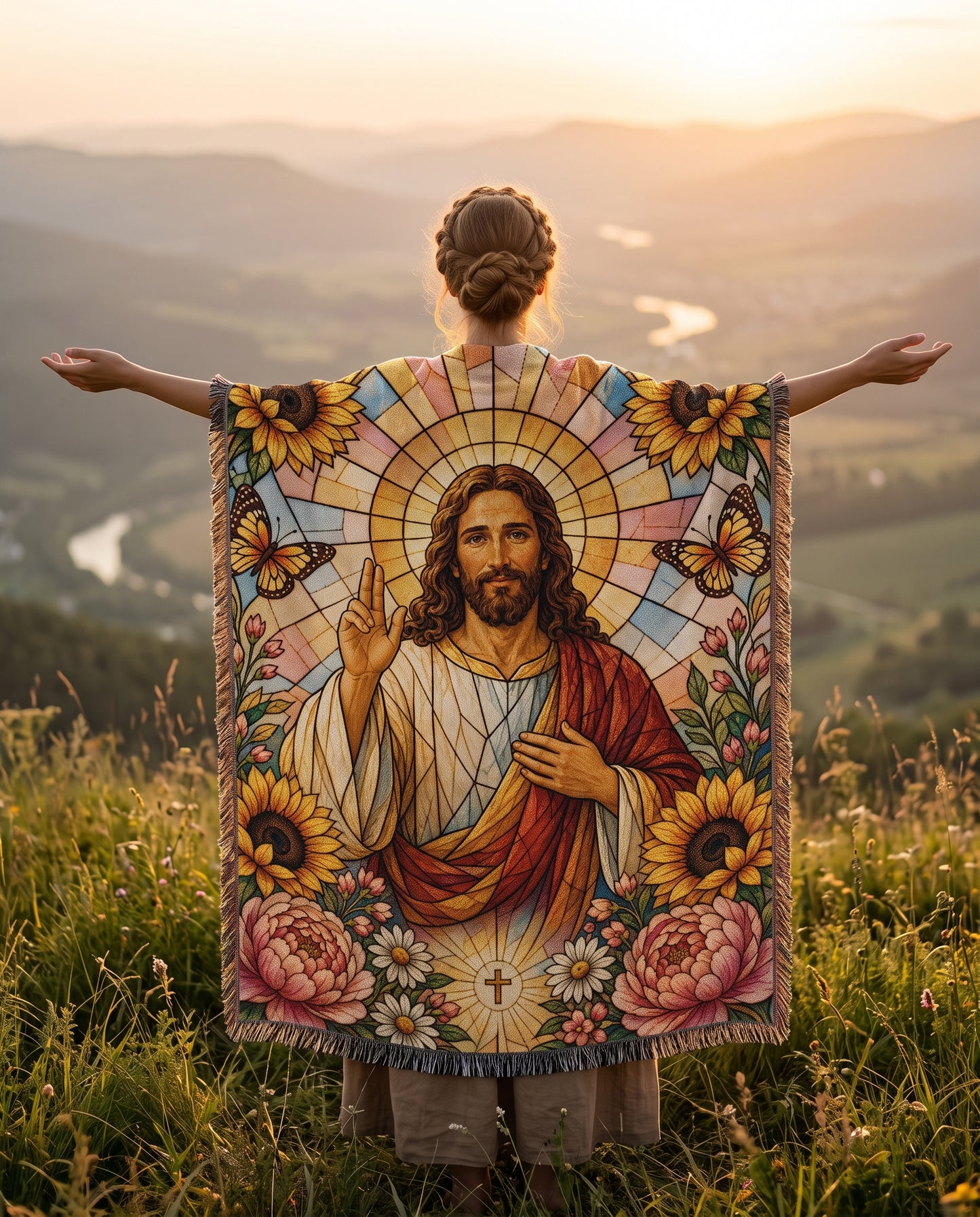 Radiant Savior - Stained Glass Jesus Woven Blanket