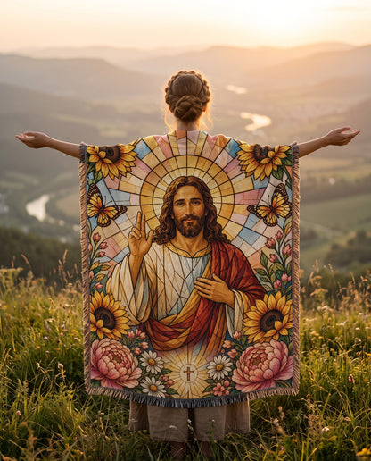 Radiant Savior - Stained Glass Jesus Woven Blanket