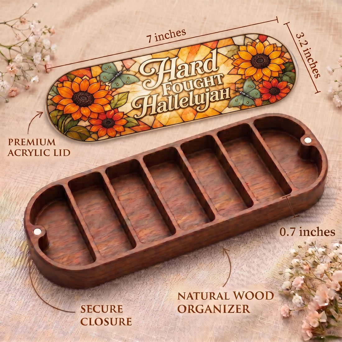 "Hard Fought Hallelujah — Sunflower & Butterfly Stained Glass" Pill Case — Pill Case dimensions, acrylic lid, natural wood organizer, and secure closure