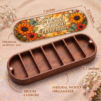 "Hard Fought Hallelujah — Sunflower & Butterfly Stained Glass" Pill Case — Pill Case dimensions, acrylic lid, natural wood organizer, and secure closure